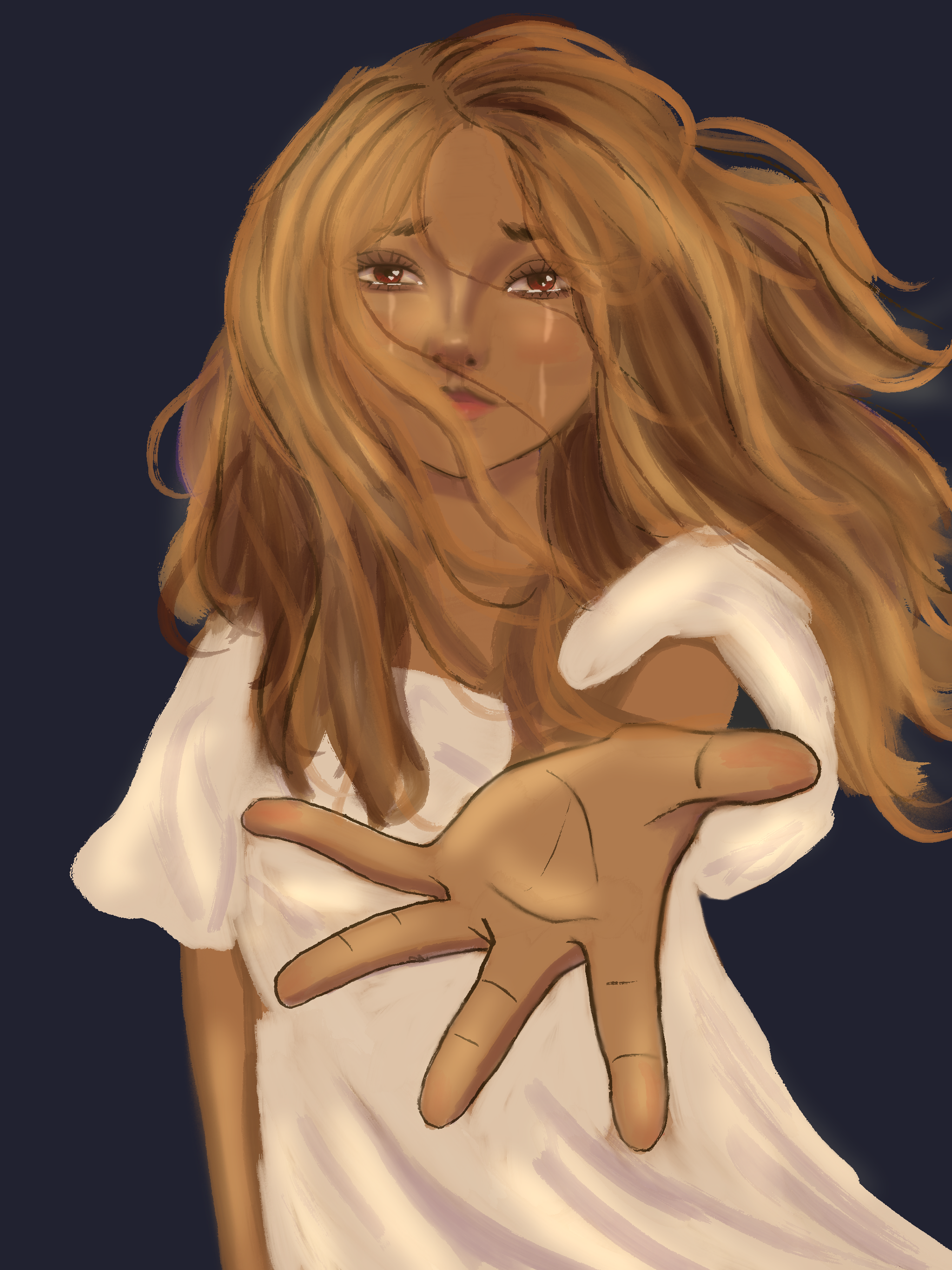 woman reaching her hand out to the viewer while crying